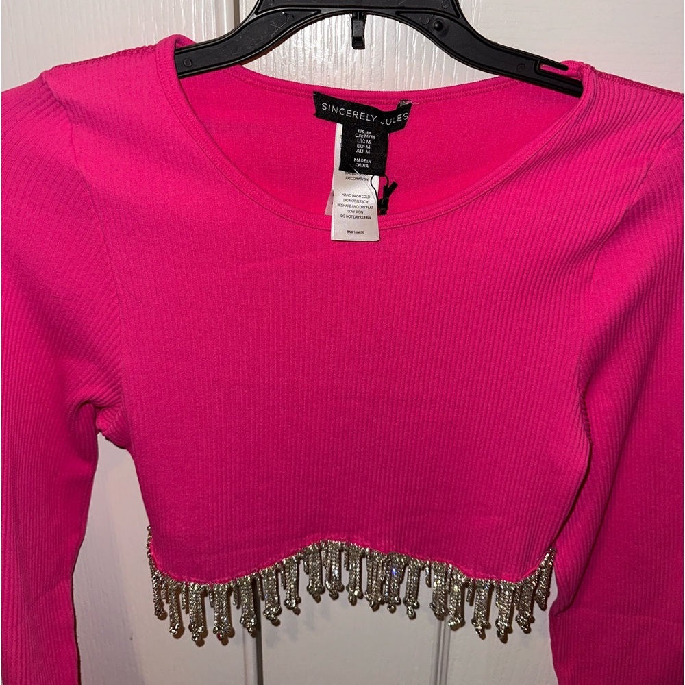 top Sexy hot pink diamond 💎 rhinestone dazzling crop blouse size medium